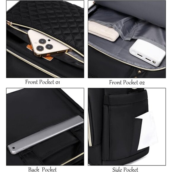 Black Quilted Medium Tote Bag for Women with Multi Pockets & Adjustable Strap - Picture 4 of 6